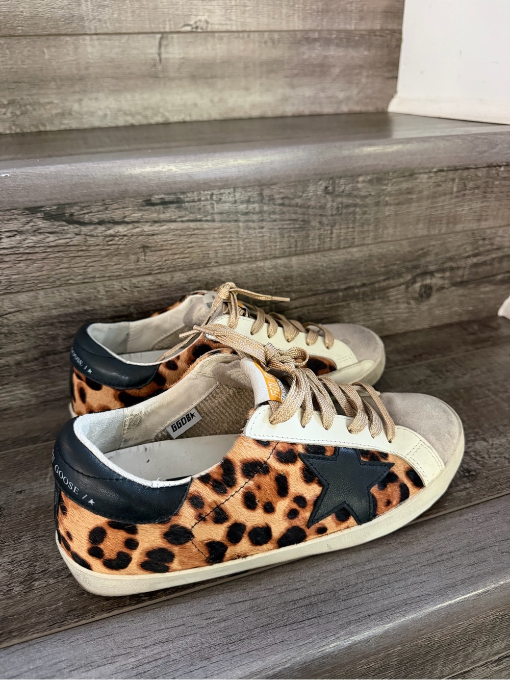 Golden Goose Leopard Print Sneakers with Black Star and Beige Accents